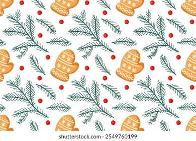 Gingerbread mittens and evergreen branches create a festive winter pattern for the holidays