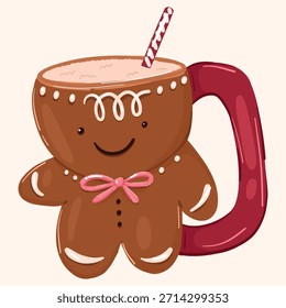 Taza del pan de jengibre con la cara linda arco rosado y paja acogedora alegría del cacao de Festiva para los amigos de la familia