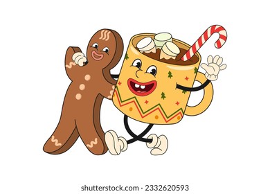 Gingerbread and a mug of hot drink, Groove characters have fun celebrating Christmas. Vector illustration in retro cartoon style, design for poster, flyer, menu