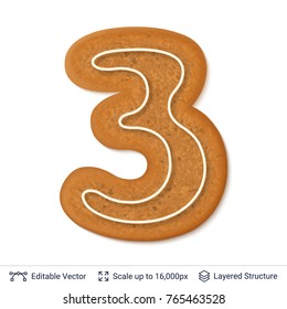 Gingerbread number 3 isolated on white. Traditional Christmas cookie. Editable vector font element.