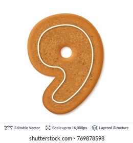 Gingerbread number isolated on white. Traditional Christmas cookie. Editable vector font element.