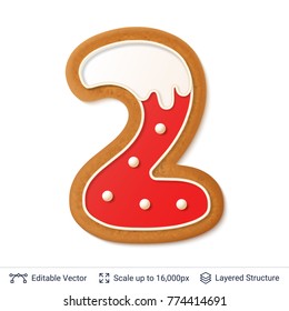 Gingerbread number isolated on white. Traditional Christmas cookie. Editable vector font element.