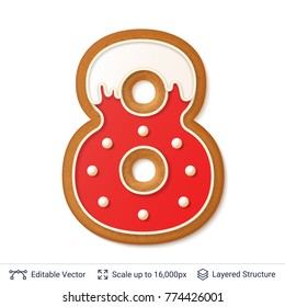 Gingerbread number isolated on white. Traditional Christmas cookie. Editable vector font element.