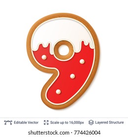Gingerbread number isolated on white. Traditional Christmas cookie. Editable vector font element.