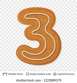Gingerbread number three symbol with drop shadow. Traditional Christmas cookie. Editable vector font element.