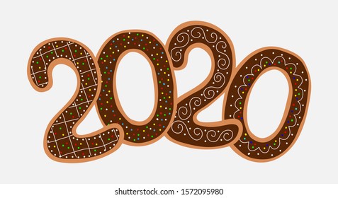 Gingerbread numbers 2020, cookies on a white background. Christmas greeting card template. Vector illustration