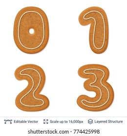 Gingerbread numbers isolated on white. Traditional Christmas cookies collection. Editable vector font elements.