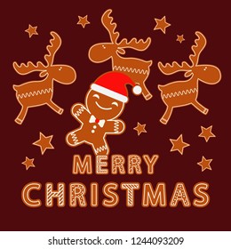 Gingerbread on a brown background. Christmas gingerman. Cute cartoon. Can be used for wallpaper, textile, invitation card, wrapping, web page background.
