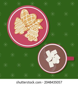 Gingerbread on a plate and a cup of hot cocoa with marshmallows. Cozy Christmas and New Year. 