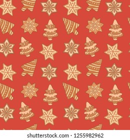 Gingerbread on a red background. Seamless vector pattern