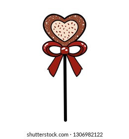 Gingerbread on a stick in the shape of a heart, a gift tied with a ribbon. Vector design element for valentines day