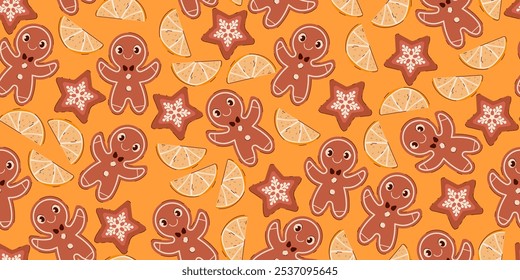 Gingerbread and Orange Slice Christmas Seamless Pattern. Cheerful holiday design with gingerbread men, star cookies, and citrus slices