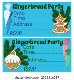 Gingerbread Party invitation set, cards for kids and adults Christmas cookie painting event vector illustration