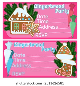 Gingerbread Party set of bright horizontal invitations, cards for kids event on painting Christmas cookies vector illustration