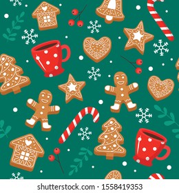 Gingerbread pattern. Festive background with cookies, cups, candy cane. Vector illustration in flat style