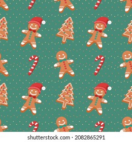 Gingerbread pattern. Festive background with cookies, Christmas tree and Candy canes. Seamless Pattern. Illustration. Pattern Wrapping paper.