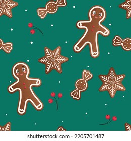 Gingerbread pattern. Festive background with cookies, Christmas tree, candies, gift box. Vector illustration in flat style