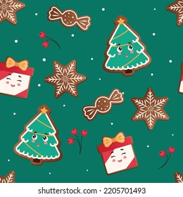 Gingerbread pattern. Festive background with cookies, Christmas tree, candies, gift box. Vector illustration in flat style