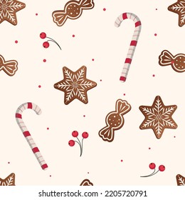 Gingerbread pattern. Festive background with cookies, Christmas tree, candies, gift box. Vector illustration in flat style