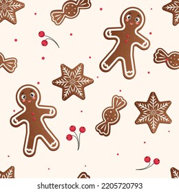 Gingerbread pattern. Festive background with cookies, Christmas tree, candies, gift box. Vector illustration in flat style