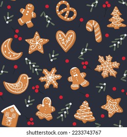 Gingerbread pattern. Festive background with cookies: house, bird, christmas tree, cane, snowflace, star, heart, man, girl. Vector illustration in flat style