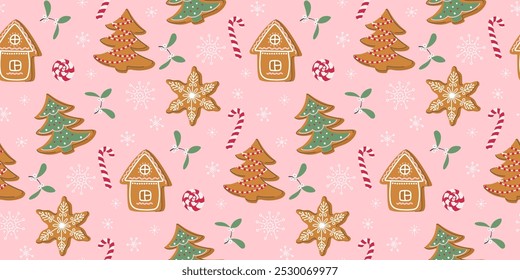 Gingerbread pattern. Festive background with traditional Christmas cookies and sweets. Cute decorative mistletoe and snowflakes. Hand drawn flat design vector illustration.

