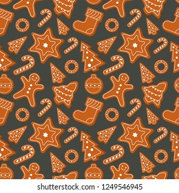 gingerbread pattern  grey black background. Seamless vector pattern for new year's day, Christmas, winter holiday, cooking, new year's eve. Cute Xmas background