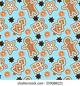 gingerbread pattern man snowflake christmas tree gift orange cinnamon on blue background seamless vector