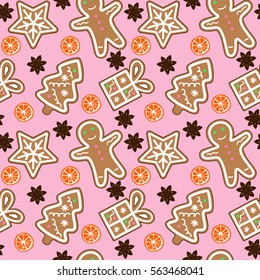 gingerbread pattern man snowflake christmas tree gift orange cinnamon on pink background seamless vector