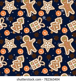 gingerbread pattern man snowflake christmas tree gift orange cinnamon on dark blue sky with snowflakes night winter merry christmas new year seamless vector.