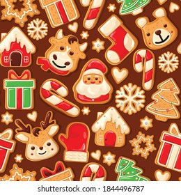 Gingerbread Pattern. Snowy background. gingerbread set. Perfect for Christmas banners, greeting cards, and presentations. Vector illustration.