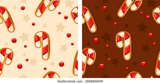Gingerbread Pattern. Snowy background. gingerbread set. Perfect for Christmas banners, greeting cards, and presentations. Vector illustration.