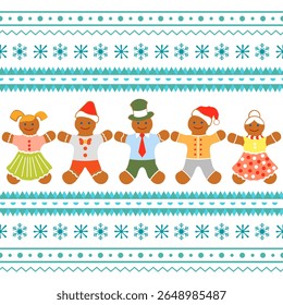 Gingerbread people in holiday attire with winter patterns and snowflakes, festive background vector