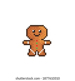 Gingerbread pixel art. Vector illustration. Pixel art smiling gingerbread man. Merry Christmas.