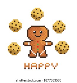 Arte de píxeles de Gingerbread. Ilustración vectorial. Arte de piano sonriendo hombre de jengibre. Feliz Navidad.
