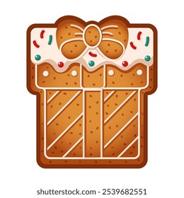 Gingerbread present box biscuit decorated with glaze flat color vector object. Traditional homemade cookie for Christmas illustration