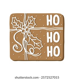 Gingerbread present holiday cookie. Flat vector illustration in brown and white colors