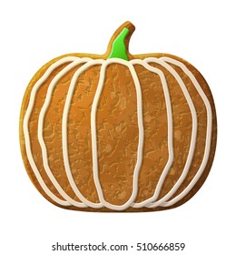Gingerbread pumpkin decorated colored icing. Holiday cookie in shape of squash fruit. Vector illustration