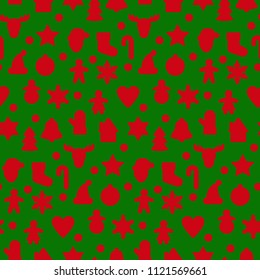 Gingerbread red silhouette seamless pattern isolated on green background. Vector winter repeat wallpaper for holiday greeting cards, wrapping, textile prints with Christmas and New Year symbols.
