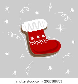 Gingerbread red sock in doodle style. Christmas and new years holidays vector decoration. 