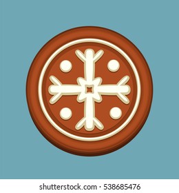 Gingerbread round christmas cookie with sugar snowflakes isolated on blue background. Element for New Year design and art