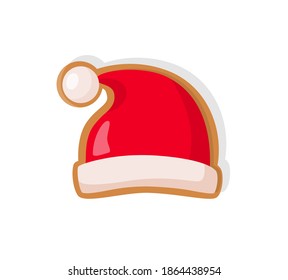 Gingerbread of Santa bright red hat with fur in realistic style isolated on white. Traditional winter holiday shape of confectionery dessert vector