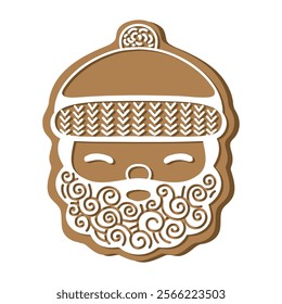 Gingerbread santa face holiday cookie. Flat vector illustration in brown and white colors