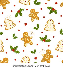 Gingerbread seamless pattern. Christmas background with cookies, mistletoe, leaves and berries. Vector hand drawn print isolated on white. Illustration for printing, packaging, wrapping paper