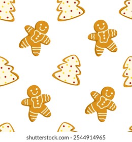 Gingerbread seamless pattern. Christmas background with homemade cookies. Vector hand drawn print isolated on white background. Illustration for printing, packaging, wrapping paper