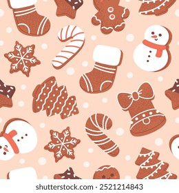 Gingerbread seamless pattern. Christmas holiday cookies, baked presents and food. Winter seasonal print design for wrapping and fabric, racy vector background