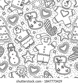Gingerbread seamless pattern coloring. Christmas and new year. Vector.