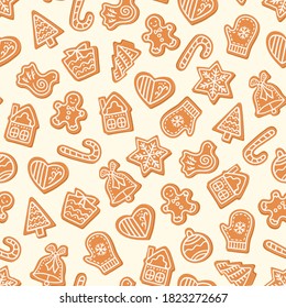 Gingerbread seamless pattern. Cookies in the form snowflake, christmas tree, gingerbread man, mitten, house background.