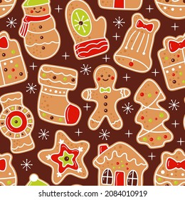 Gingerbread seamless pattern. Dark background. Repeatative element. Endless structure. Wrapping paper, textile and fabric print, holiday decoration.