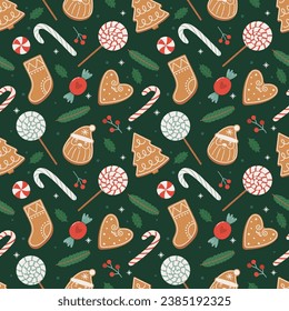 Gingerbread seamless pattern. Festive background with cookies, candies, leaves and berries.